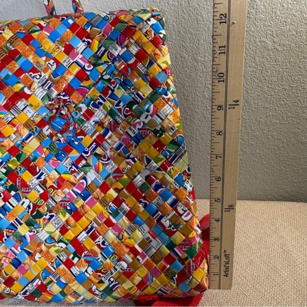 Colorful Handmade Upcycled Woven Backpack with Red‎ Straps - Picture 10 of 10